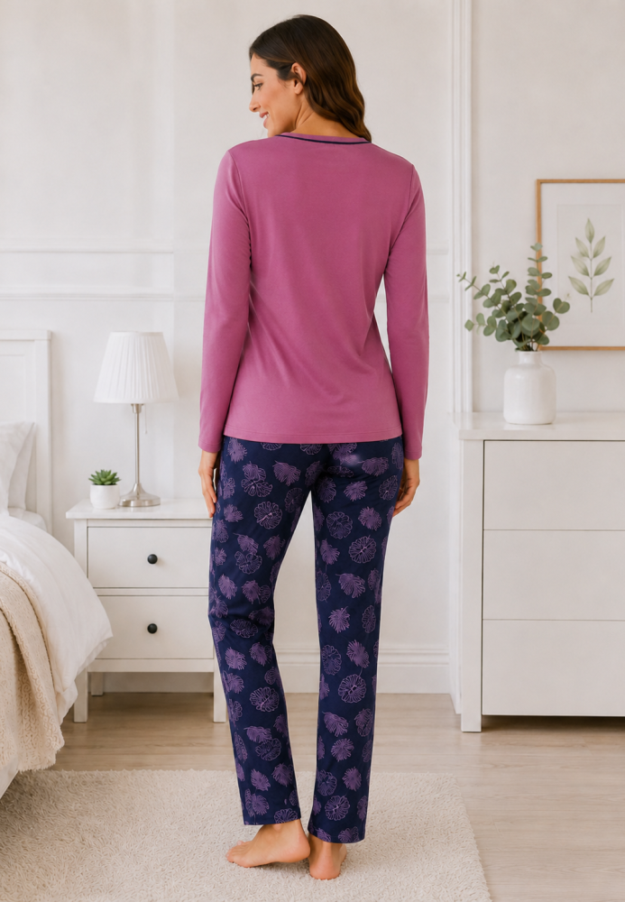 Pijama de damă cu bluză cu maneca lunga și pantaloni lung -Mov,Engros